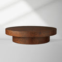 Cinzia Burl Round Coffee Table Walnut Wood Cocktail Table Plinth Base Sofa Center Tea Table