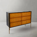 Vintage Forged Metal Frame Rattan 6-Drawer Side Cabinet